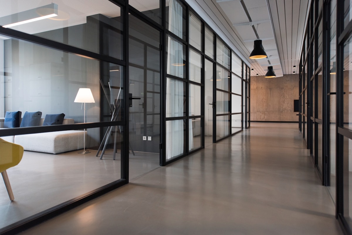 Bright shared workplace with desks and meeting space